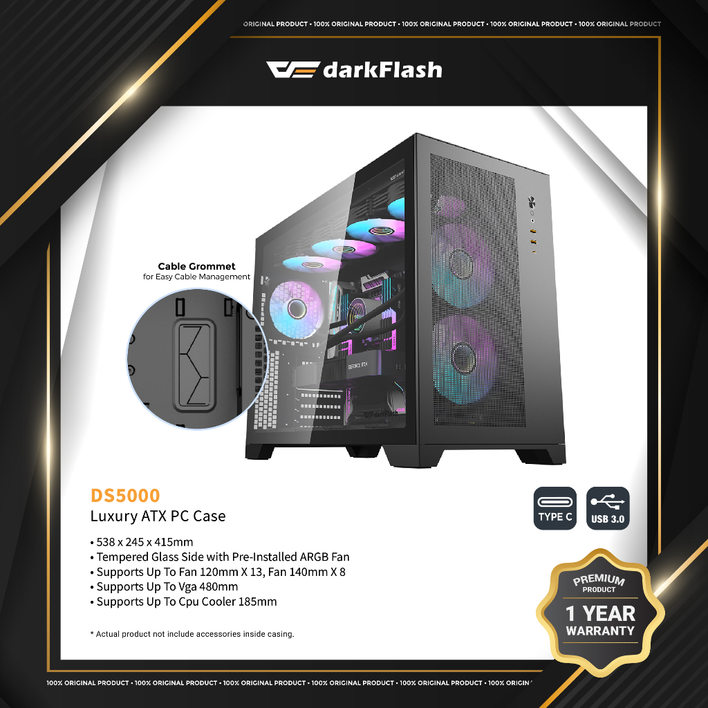 DarkFlash DS5000 Luxury ATX Casing พร้อมพัดลม aRGB ที่ติดตั้งล่วงหน้า - สีดํา
