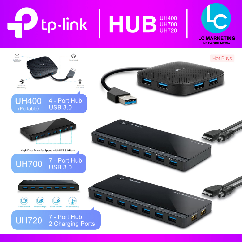 TP-Link USB Hub UH400 4 พอร์ตแบบพกพา UH700 UH720 (พร้อมพอร์ตชาร์จ 2 พอร์ต) 7 พอร์ต USB 3.0 Hub Fast 