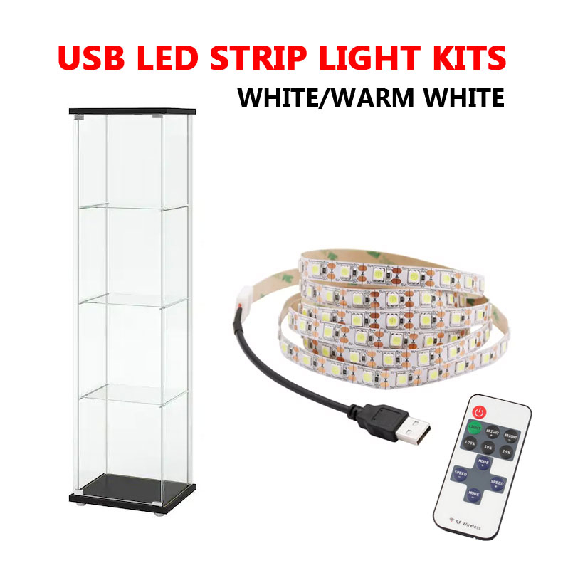 ชุดแถบไฟ LED USB สีขาวอบอุ่น ติดตั้งง่าย สําหรับตู้กระจก IKEA Detolf 4 ชิ้น