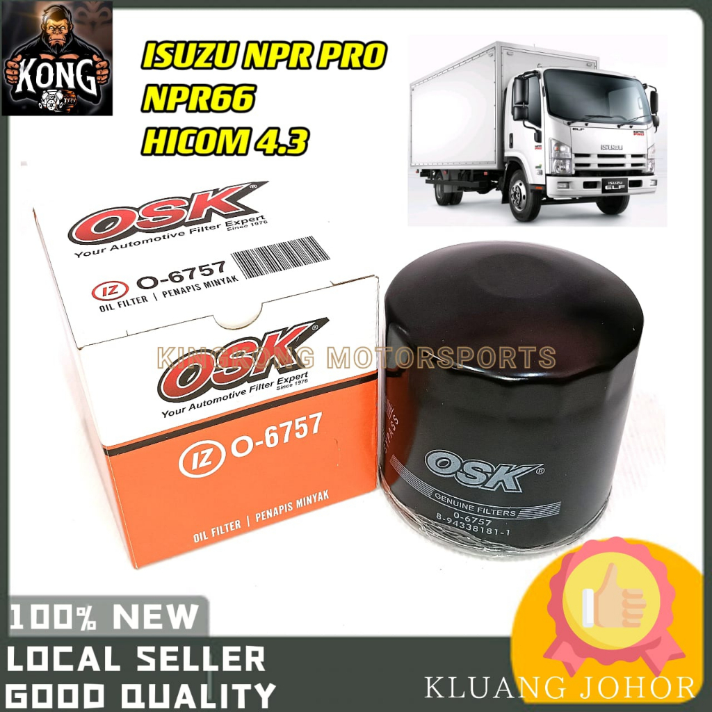 กรองน้ํามันเครื่อง OSK O-6757 ISUZU NPR PRO NPR66 HICOM 4.3 PENAPIS MINYAK ISUZU NPR PRO 8-943381811