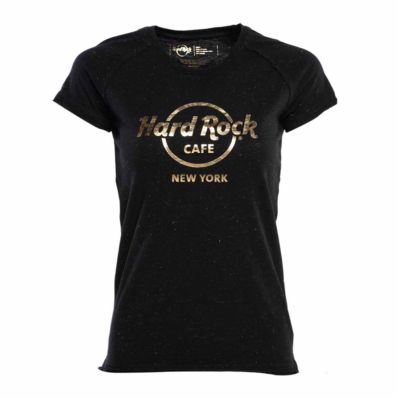 【รับรองของแท้】เสื้อยืดฟอยล์ ลายโลโก้ Hard Rock Cafe สีทอง สําหรับผู้หญิง