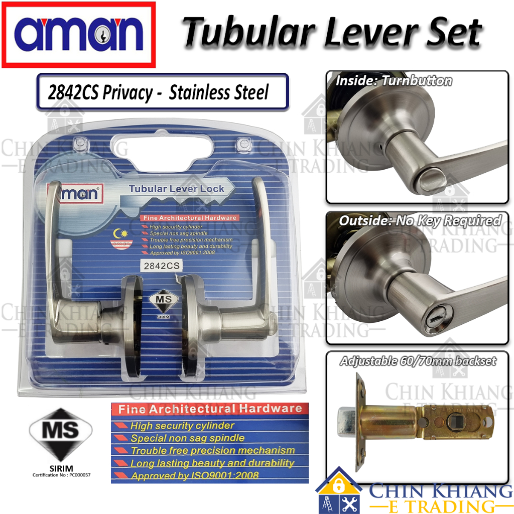 Aman 2842CS ความเป็นส่วนตัว Tubular Handle Leverset Lockset ซาติน Chrome ปรับ Backset