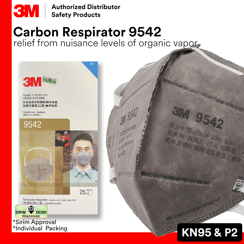 3M 9542 9542V Carbon Respirator KN95 & P2 Nuissance Level Organic Vapor Smell Relief Mask บรรจุส่วนบ