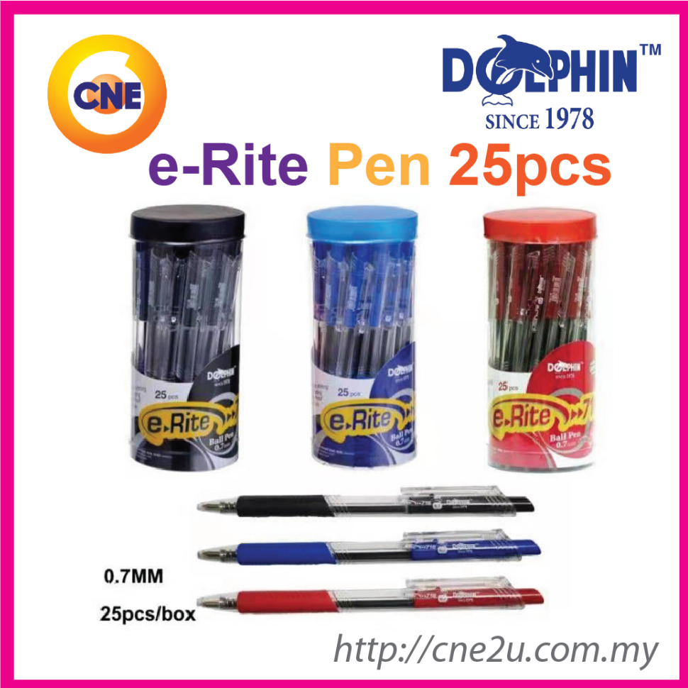 Dolphin E Rite Retractable Ball Pen 0.7MM Value Set Pack สีดํา/น้ําเงิน/แดง (25 ชิ้น/กล่อง)