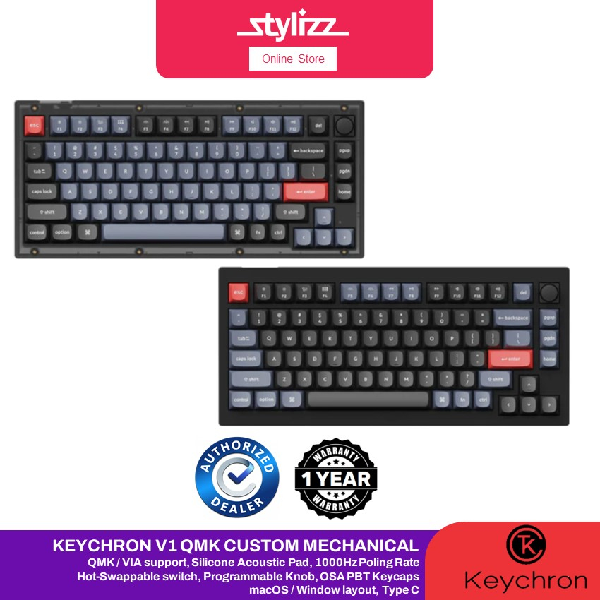 KEYCHRON V1 QMK Hot-Swappable แบบมีสาย RGB FULLY ASSSEMBLED KNOB Custom Mechanical Keyboard1000Hz PO