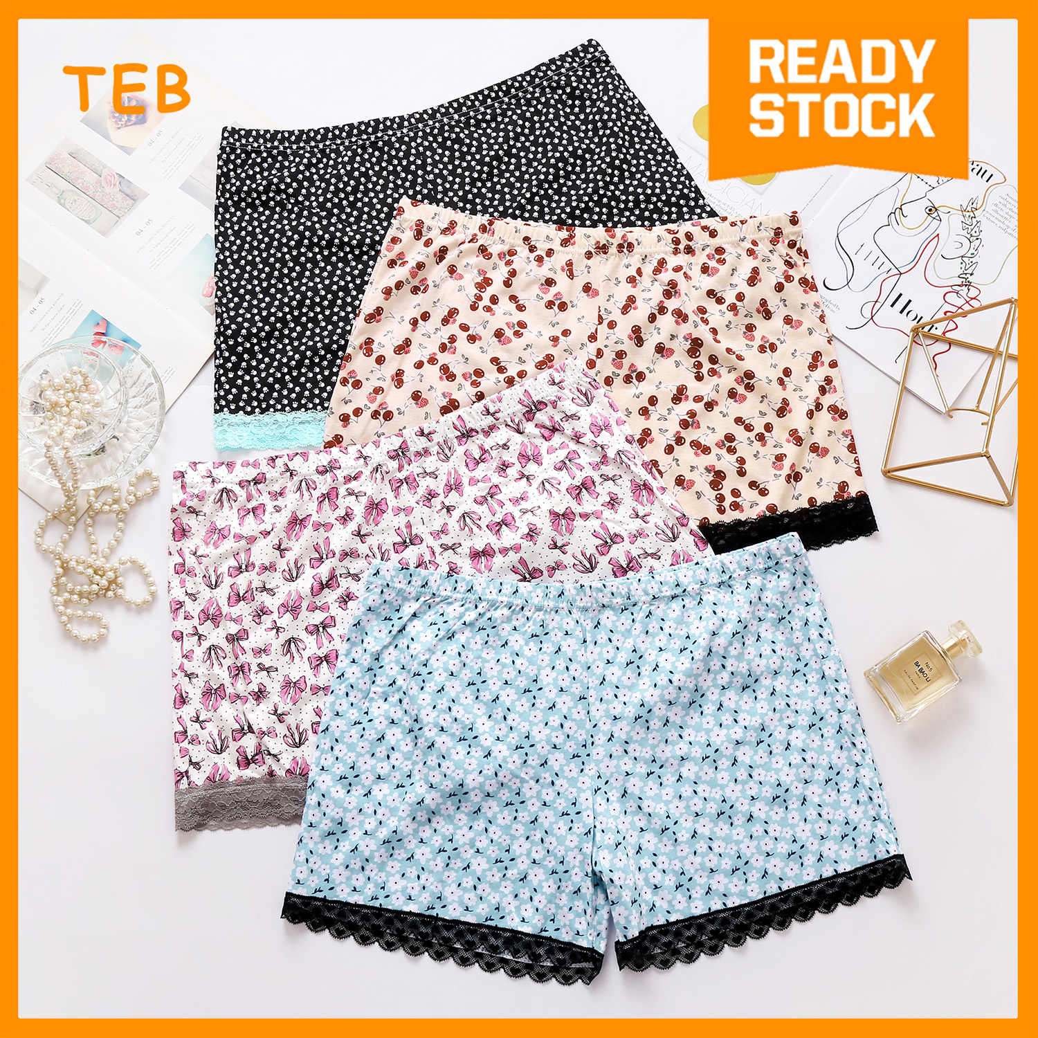 (S–XXL | RANDOM) Seluar Boxer Wanita Corak Bunga Lembut Berenda | Women’s Cotton Boxer Sleep Panties