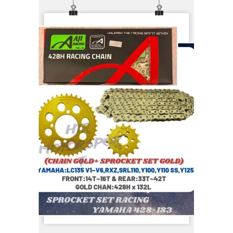 YAMAHA LC135(v1-v8) Y125Z Y110 Y100 428 GOLD SPOCKET SET SEKALI AJI RACING (HEAVY DUTY)GOLD CHAIN 4L