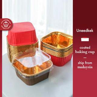 Uneedkek ถ้วยกระดาษอลูมิเนียม ทรงสี่เหลี่ยม สีทอง พร้อมฝาปิด สําหรับอบคัพเค้ก เบกัส เยลลี่