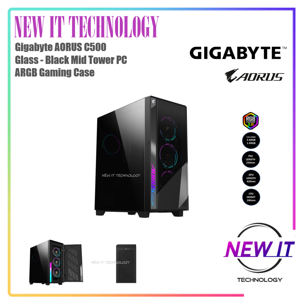 Gigabyte AORUS C500 Glass-Black Mid Tower PC Gaming Casing,กระจกนิรภัย,USB Type-C,4xARGB แฟนรวม (GB-