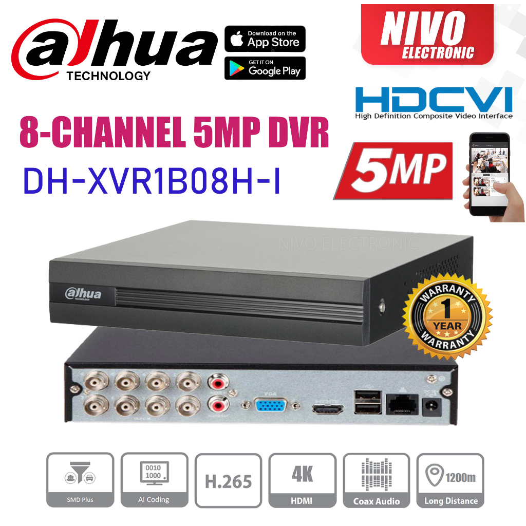 Dahua XVR1B08H-i 8 ช่อง Penta-brid 5M-N/1080p Cooper 1U 1HDD WizSense เครื่องบันทึกวิดีโอดิจิตอล DH-