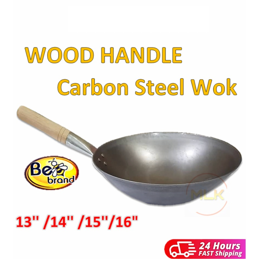 Mlk 13"-16" DEEP SHAPE CARBON STEEL WOK/KUALI TOMYAM/KUALI BESI พร้อมด้ามจับไม้