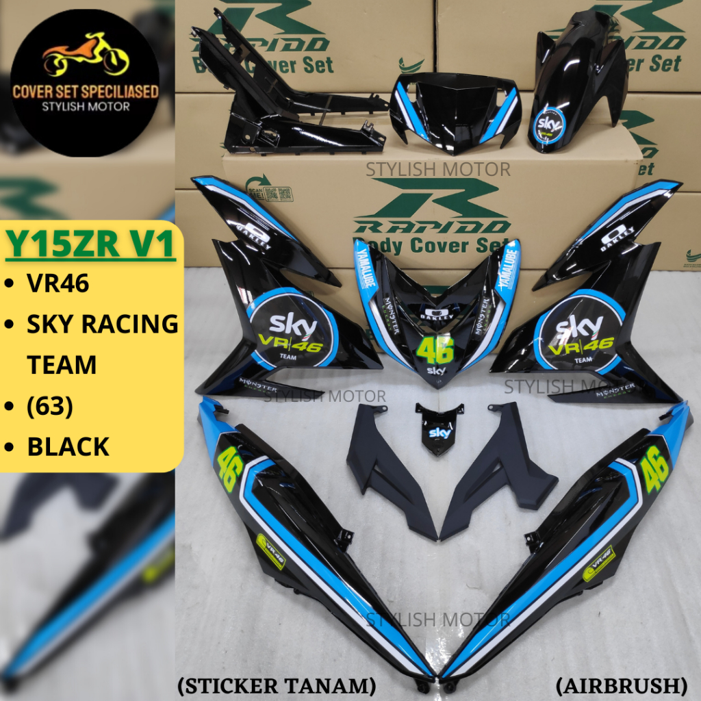 (STICKER TANAM/AIRBRUSH) ชุดครอบ RAPIDO YAMAHA Y15 Y15ZR V1/V2 VR46 SKY RACING TEAM (63) สีดํา