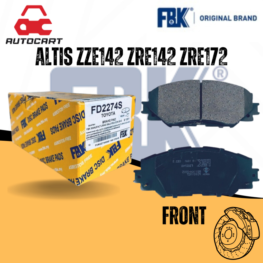 ผ้าเบรก FBK (FRONT) สําหรับ TOYOTA ALTIS ZZE141 , ZZE142 , ZRE142 , ZRE142 , ZRE143 , ZRE172 (FD2274