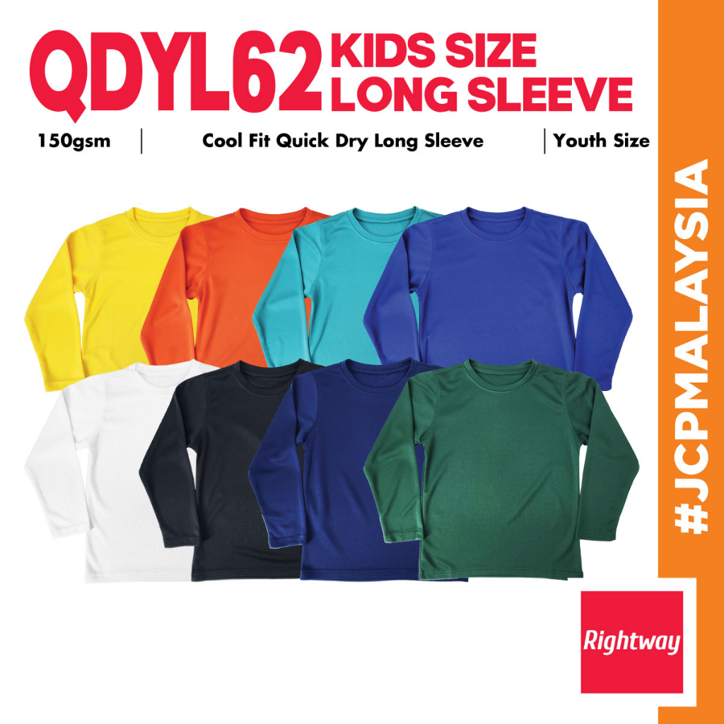 JCP x RIGHTWAY เด็กเด็กขนาดเสื้อยืดแขนยาวแห้งเร็ว QDYL62 ขนาดเยาวชน Cool Fit ไมโครไฟเบอร์ธรรมดา Polo