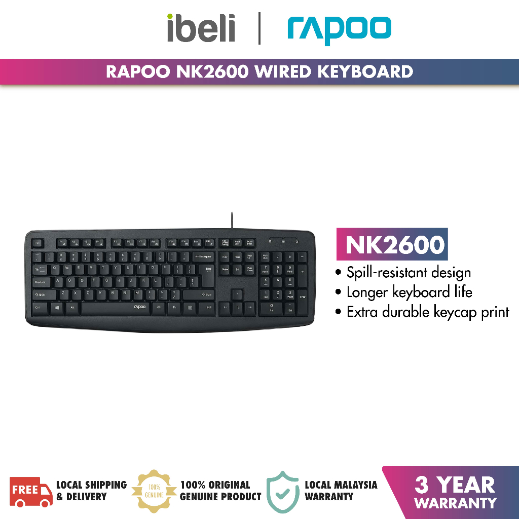Rapoo NK2600 คีย์บอร์ดแบบมีสาย คีย์บอร์ดตั้งโต๊ะป้องกันการรั่วไหล