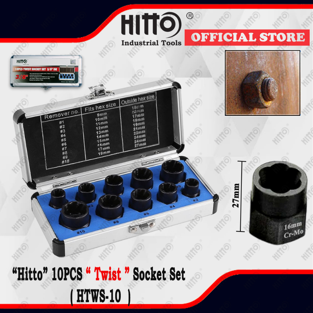 [ HITTO ]ชุดเครื่องมือกําจัดน็อตสูง 10 ชิ้น ( CR-MO)