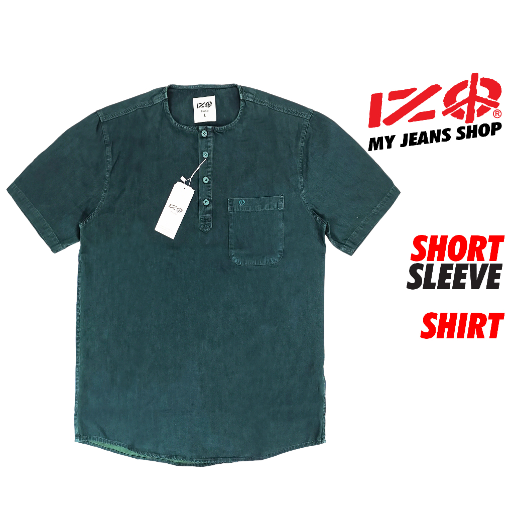 IZO Men เสื้อเชิ้ตแขนสั้น Chambray คอปกแมนดารินพร้อมกระเป๋าและเย็บปักถักร้อย MSH 000036