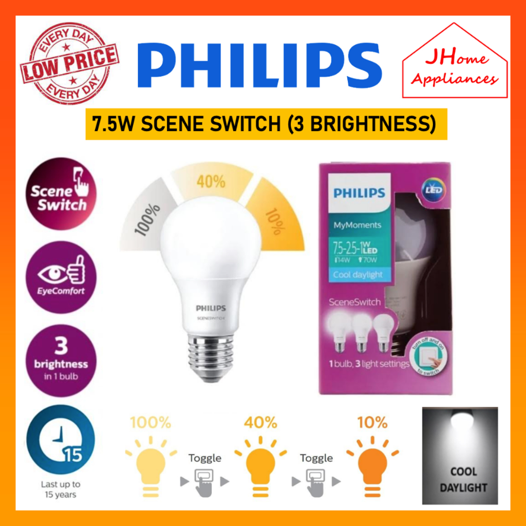 Philips 7.5W SCENE SWITCH BRIGHTNESS CHANGE (3 BRIGHTNESS) LED BULB COOL DAYLIGHT (6500K) LAMPU MENT