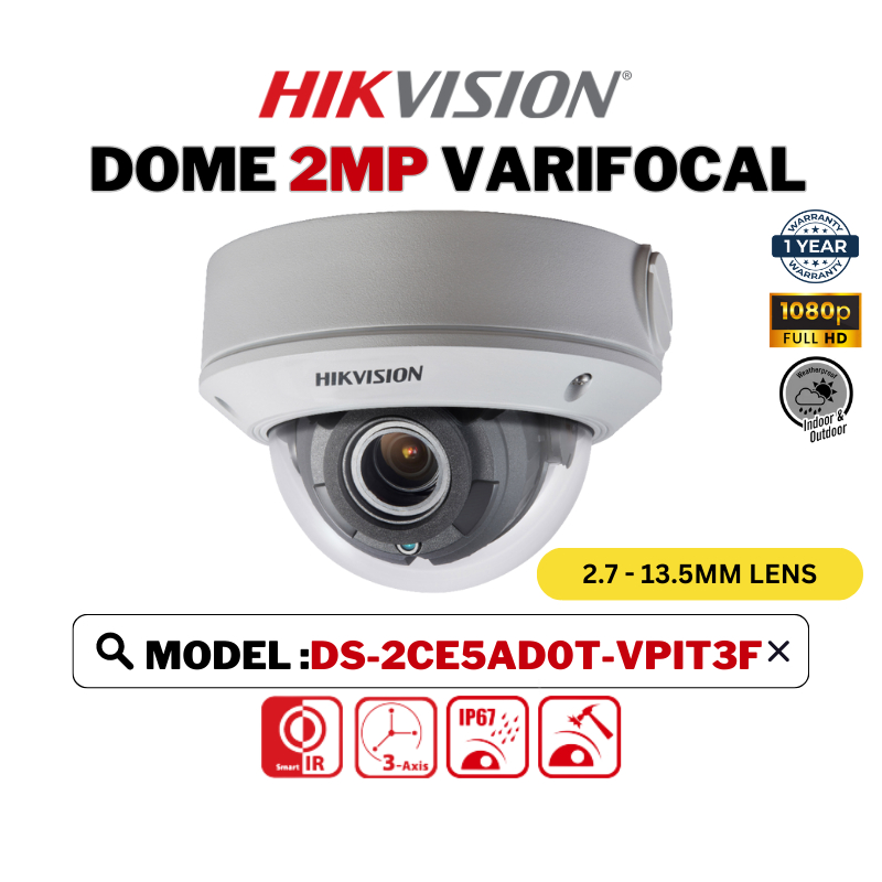 กล้องวงจรปิด HIKVISION (World No. 1) กล้องโดม VariFocal 2MP 1080P DS-2CE5AD0T-VPIT3F (2.8-12 มม.)