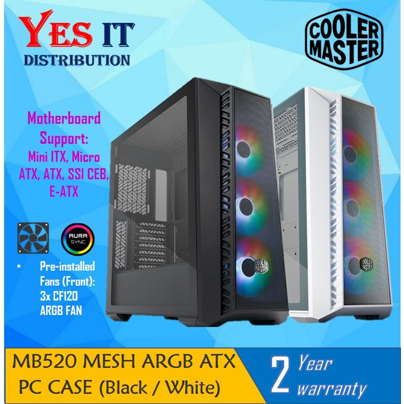 Cooler Master MasterBox 520 Mesh ARGB ATX PC Case (สีดํา - MB520-KGNN-S00 / WHITE - MB520-WGNN-S00)