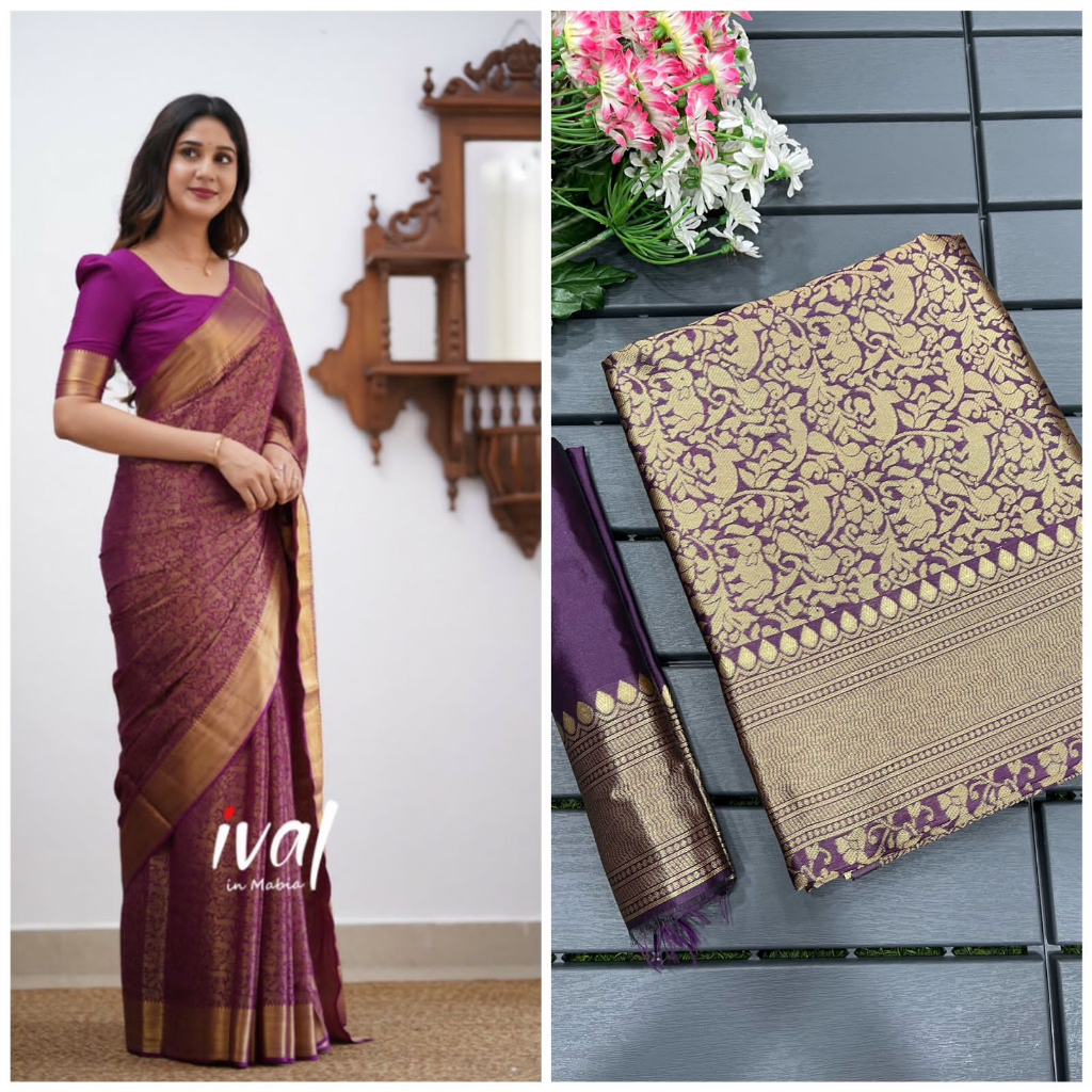 Saree Silk Saree แบบนุ่มพร้อมเสื้อ Contrast / Saree งานแต่งงานสําหรับผู้หญิง / Saree เพื่อนเจ้าสาว