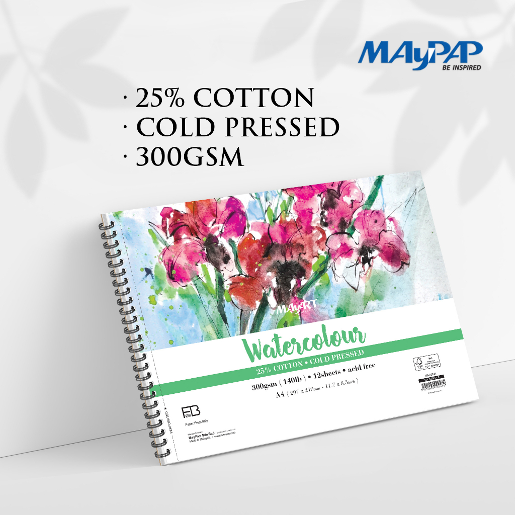 Mayart FB Wire-O Watercolor Bk 300gsm/25% Cotton Cold Pressed (Medium Common)/12s/Kertas Luคิส A3(MA