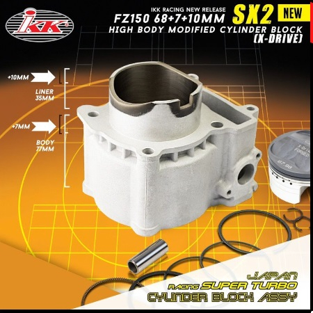IKK LC / Y15 LC135 4s 5s 65MM 68MM BLOCK SX2 ( BODY +7MM ) + SLEEVE CERAMIC & PISTON SET KUNING X DR