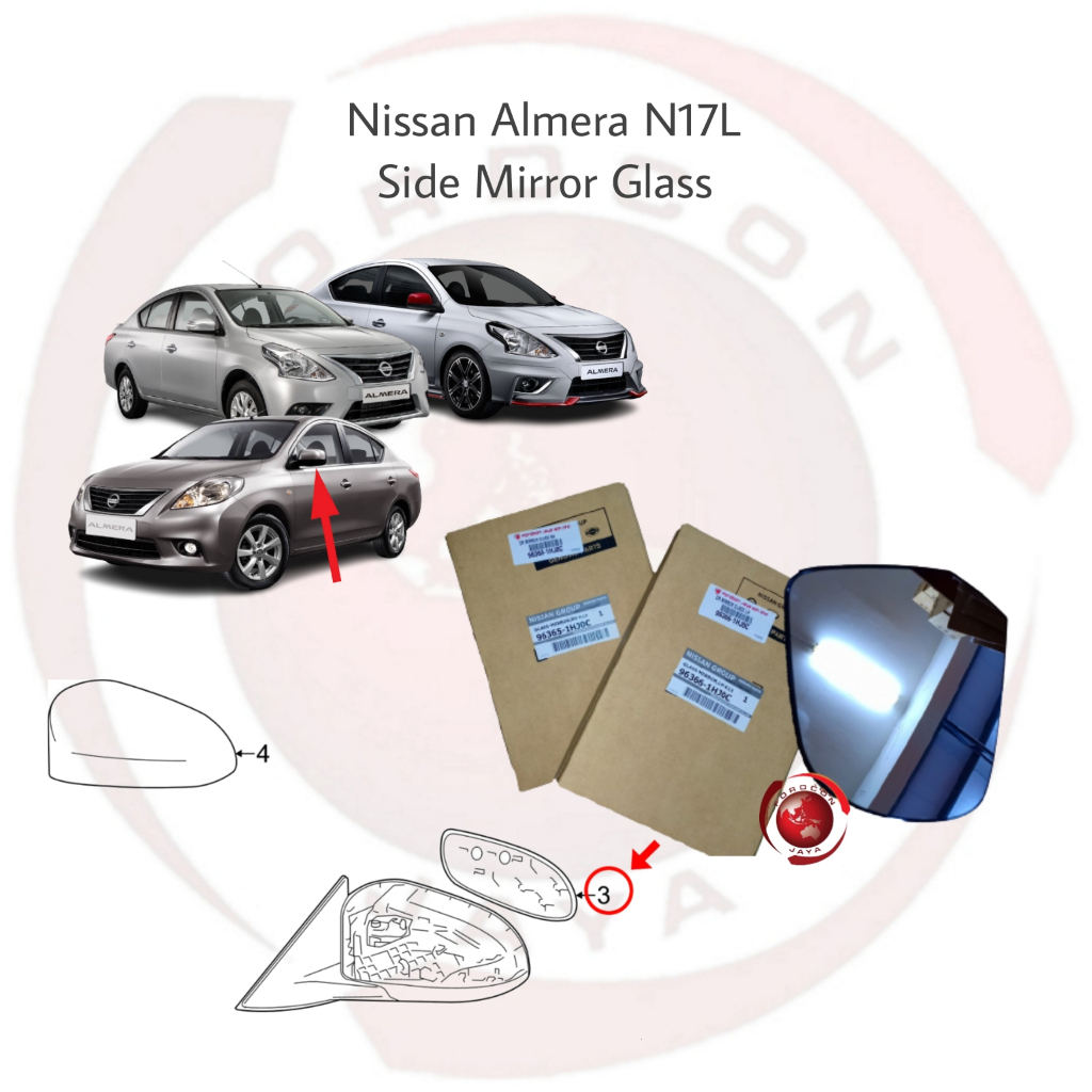 กระจกกระจกมองข้าง Nissan Almera LH/RH N17L 96365-1HJ0C 96366-1HJ0C