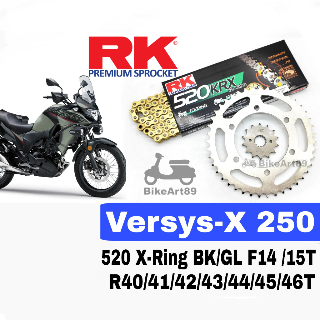 ชุดเฟือง RK Kawasaki Versys-X 250 RK 520 KRX-Ring สีดํา/ทอง RK520 XRing สีดํา Emas Rantai Versys X25