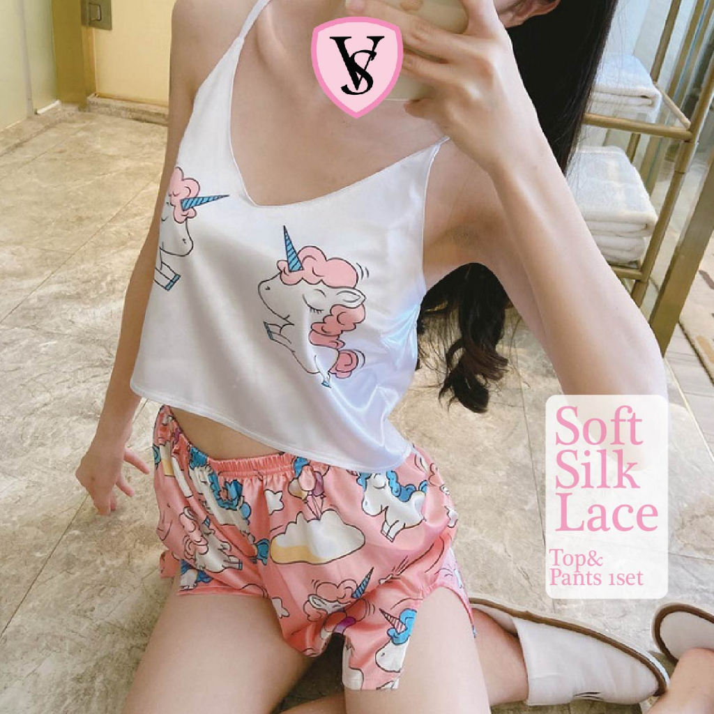 VS ชุดนอนสตรีผ้าไหมซาติน pijamas Top & Pants ครบชุด LSL505