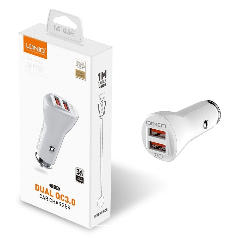 LDNIO C511Q ที่ชาร์จแบตในรถ 2 USB QC3.0 ชาร์จเร็วที่ชาร์จในรถยนต์ขนาดเล็กอิเล็กทรอนิกส์