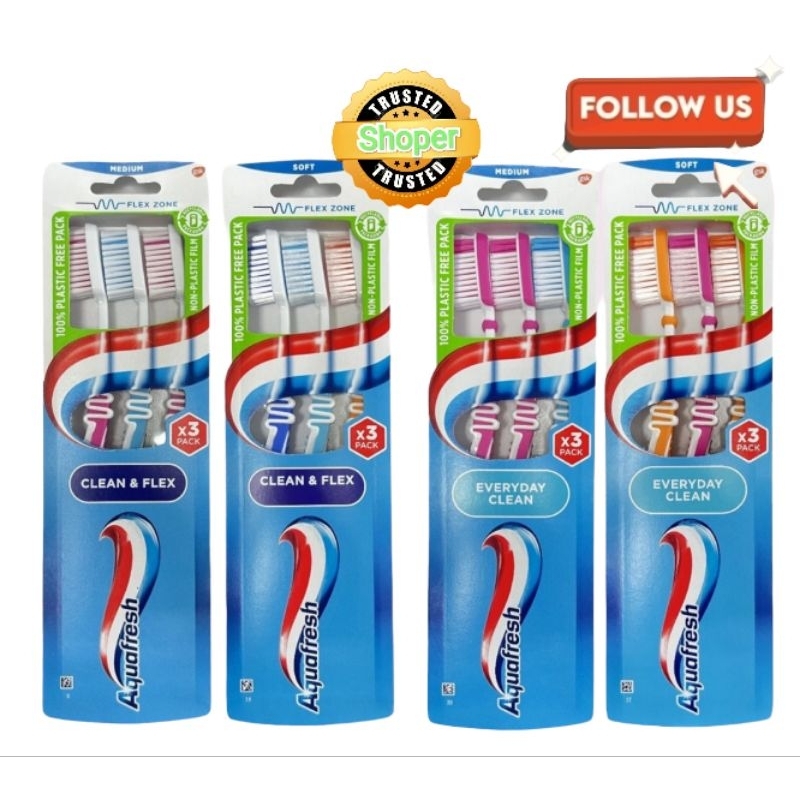 Aquafresh Clean & Flex / Everyday Clean แปรงสีฟัน/ BERUS GIGI ( Soft / Medium ) แพ็ค ( 3 เครื่อง/แพ็