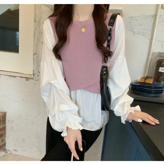 SA8K17 -Fesyen Baju Siap Stok Malaysia. Ready Stock Knitted Material Women Top Knitwear不规则假两件长袖衬衫针织上衣