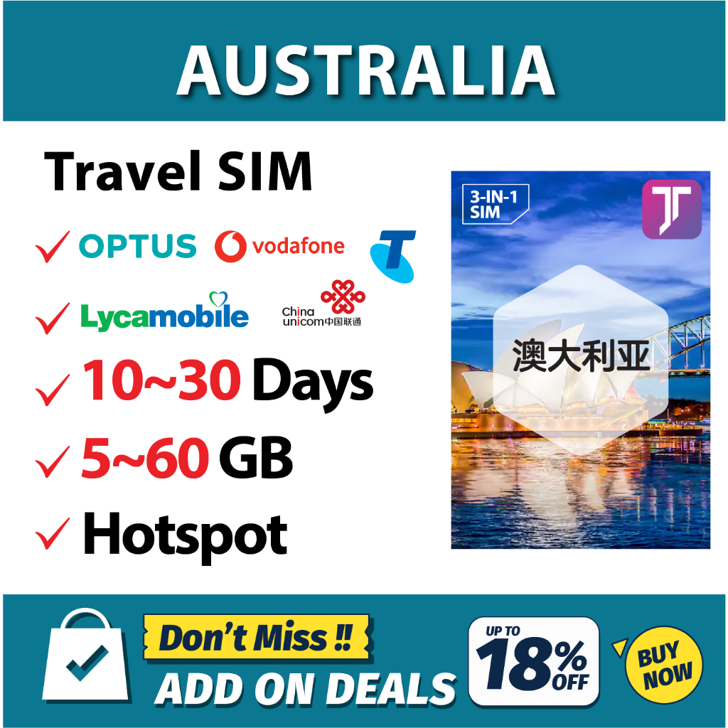 J Travel 【 Australia 】【 Newzealand 】Australia Travel Prepaid SIM Card 澳大利亚 新西兰上网卡 Australia Simkad