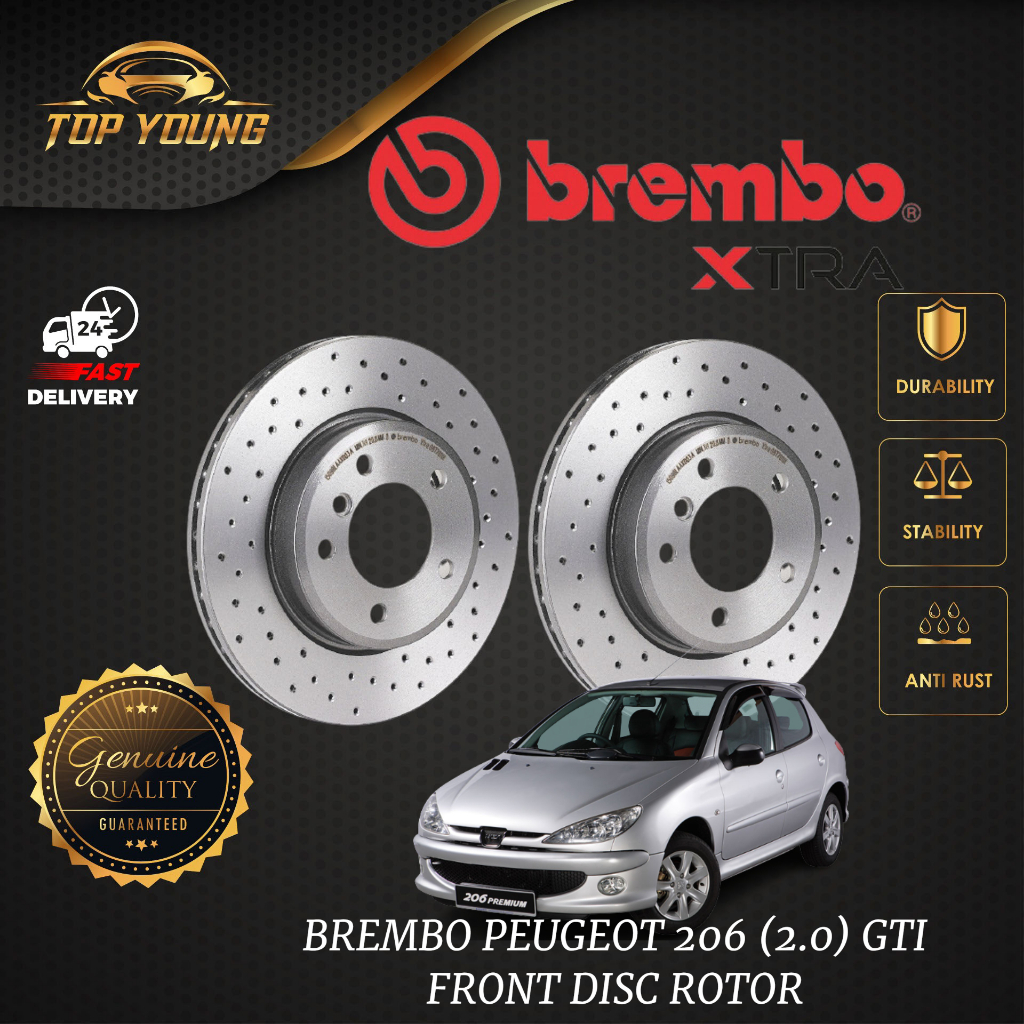 BREMBO XTRA PEUGEOT 206 (2.0) GTI จานเบรคเจาะรู ด้านหน้า (โรเตอร์ดิสก์เบรค) ของแท้ 100% จากอิตาลี