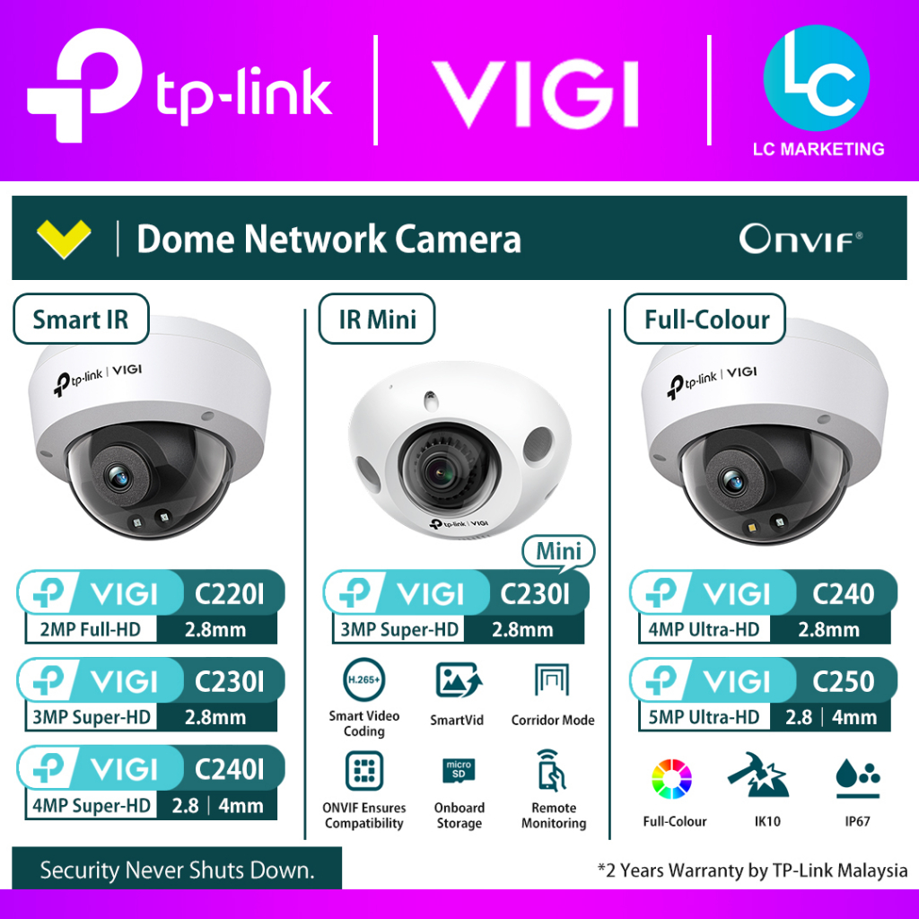 TP-Link Vigi C220I / C230I / C240I / C230I Mini / C230 / C240 / C250 Dome Network Camera กล้องวงจรปิ