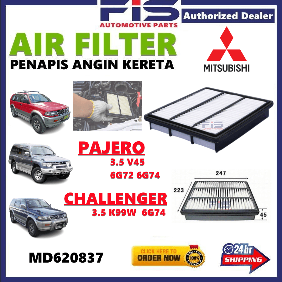 FIS กรองอากาศ 4X4 Mitsubishi Challenger 3.5 K99W Pajero 3.5 V45 6G72 6G74 A-7631 MD620837 รถฝึกงานปร