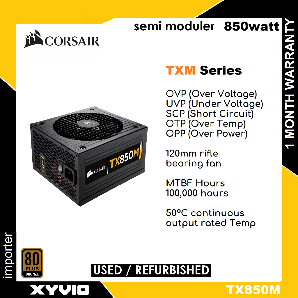 CORSAIR TX SeriesTM TX850 850watt 80 PLUS® แหล่งจ่ายไฟประสิทธิภาพสูง 850 วัตต์ที่ผ่านการรับรองจากบรอ