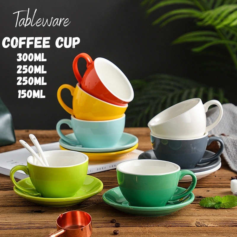 Style Colourful Ceramic Barista Latte Cup set ถ้วยกาแฟคาปูชิโน่และจานรอง -1 ชุด