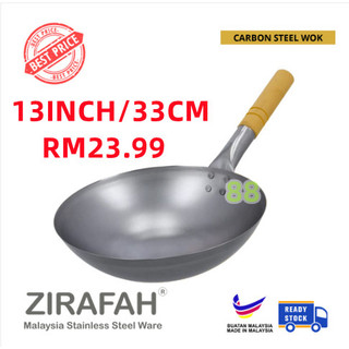 Pre-Seasoned Traditional Non-coated Carbon Steel Pow Wok with Wooden/Metal wok/Kuali Besi/Kuali Tomyam