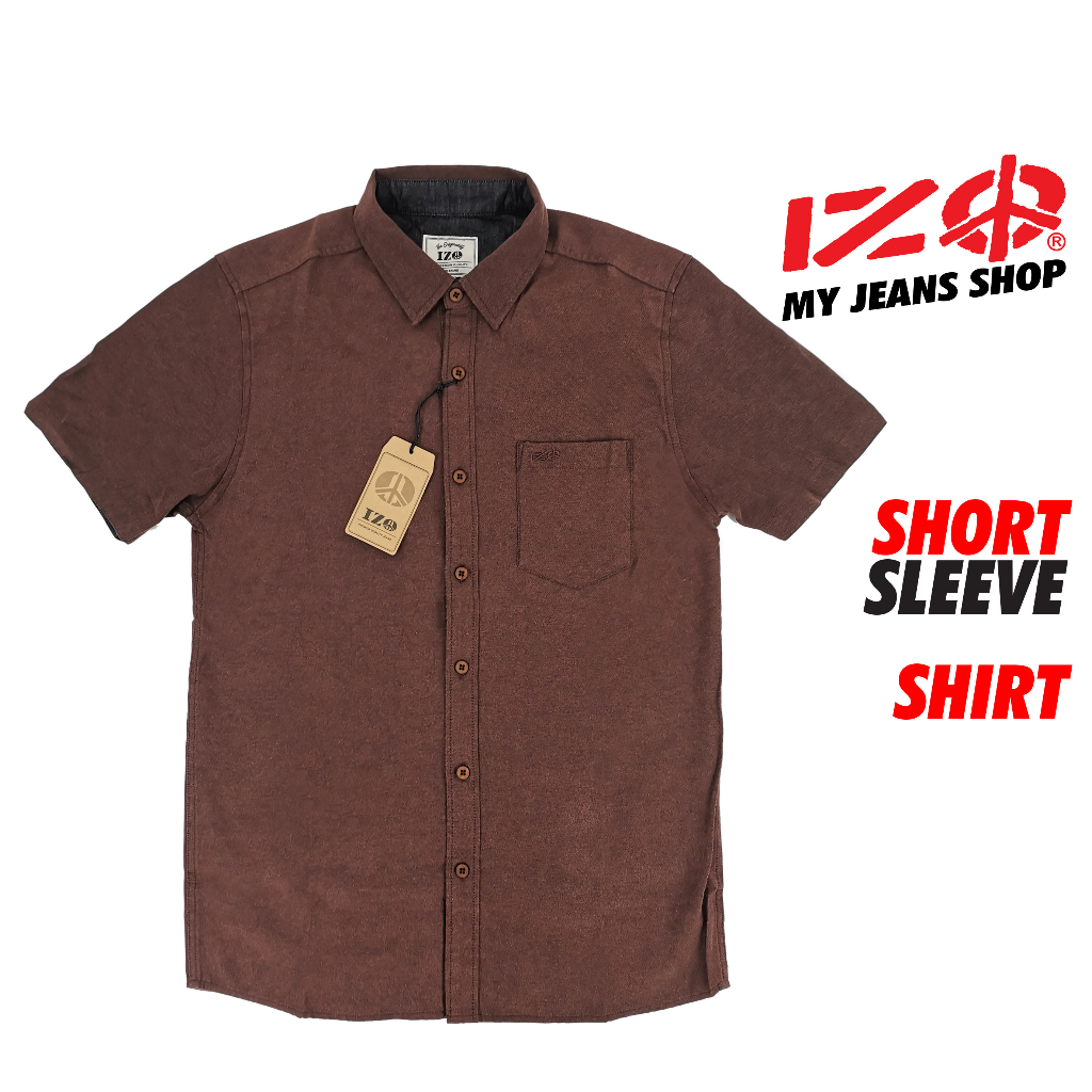 IZO เสื้อเชิ้ตแขนสั้นคอปกผู้ชายผ้าอ๊อกซ์ฟอร์ดพร้อมกระเป๋าและเย็บปักถักร้อย MSH 000042