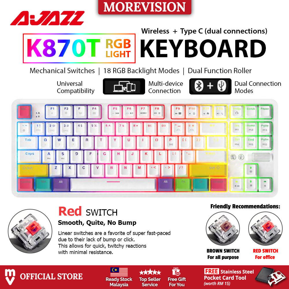 Ajazz K870T Mechanical Keyboard ไร้สายหลายอุปกรณ์ RGB Light Bluetooth 5.0 สีขาว Home Office Gaming P