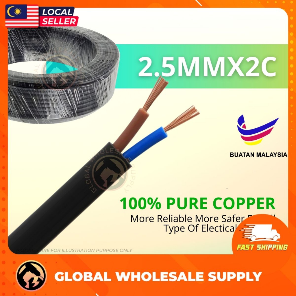 LOOSE CUT Twin Flat 2.5 MM X 2C PVC/PVC Sheathed Cable ทองแดงเต็ม Kabel Wayar Letrik Made In ยืดหยุ่