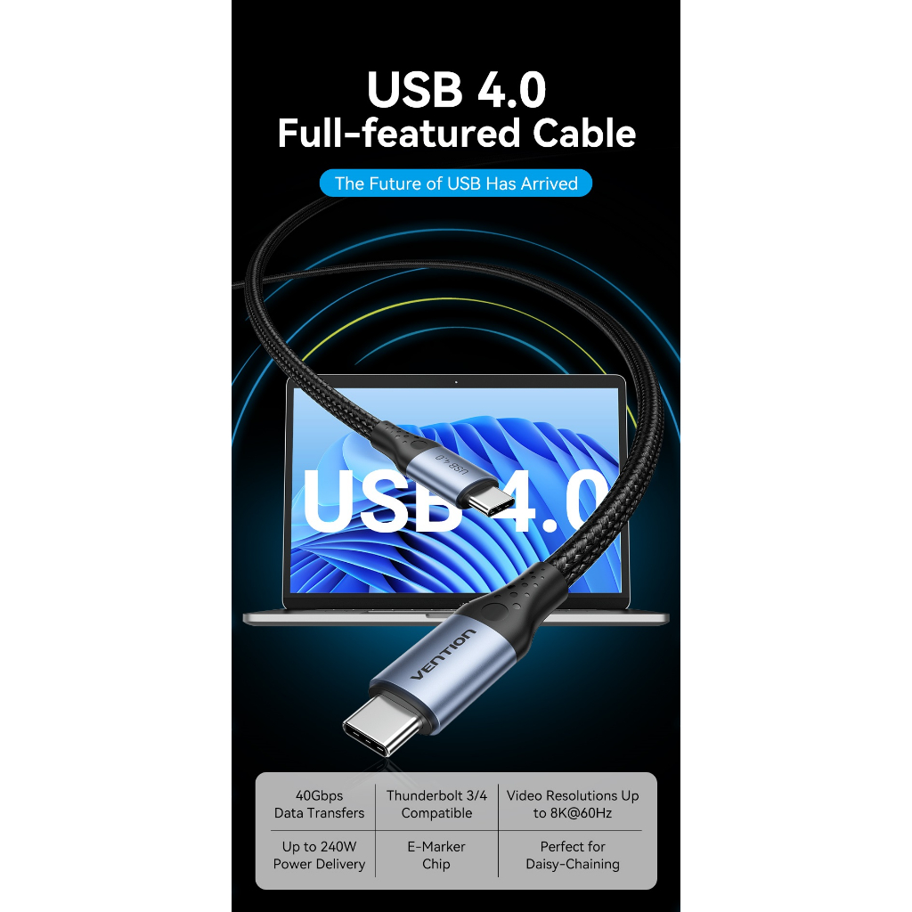 Vention สาย USB 4.0 Type C ถึง USB Type C 40Gbps 5A รองรับการส่งผ่านวิดีโอ 8K@60Hz 240w สําหรับแล็ปท