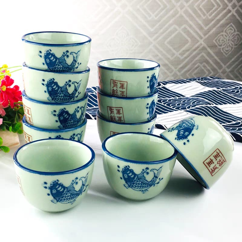 90ML Antique Blue Rimmed Carp Ceramic Tea Cup 古蓝边fish Red Red Cup