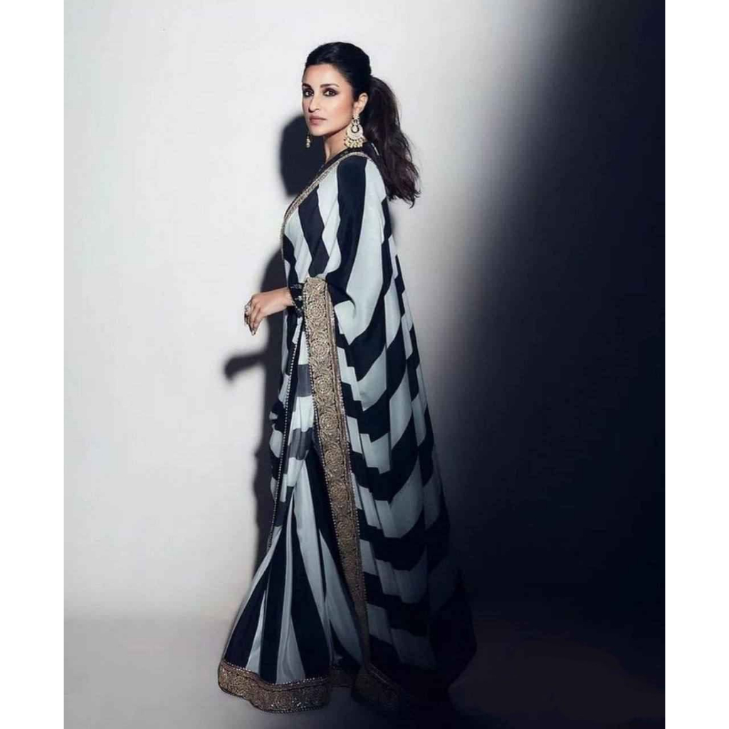 EXCLUSIVE BOLLYWOOD WEAR BLACK AND WHITE FANCY PARTY WEAR SAREE