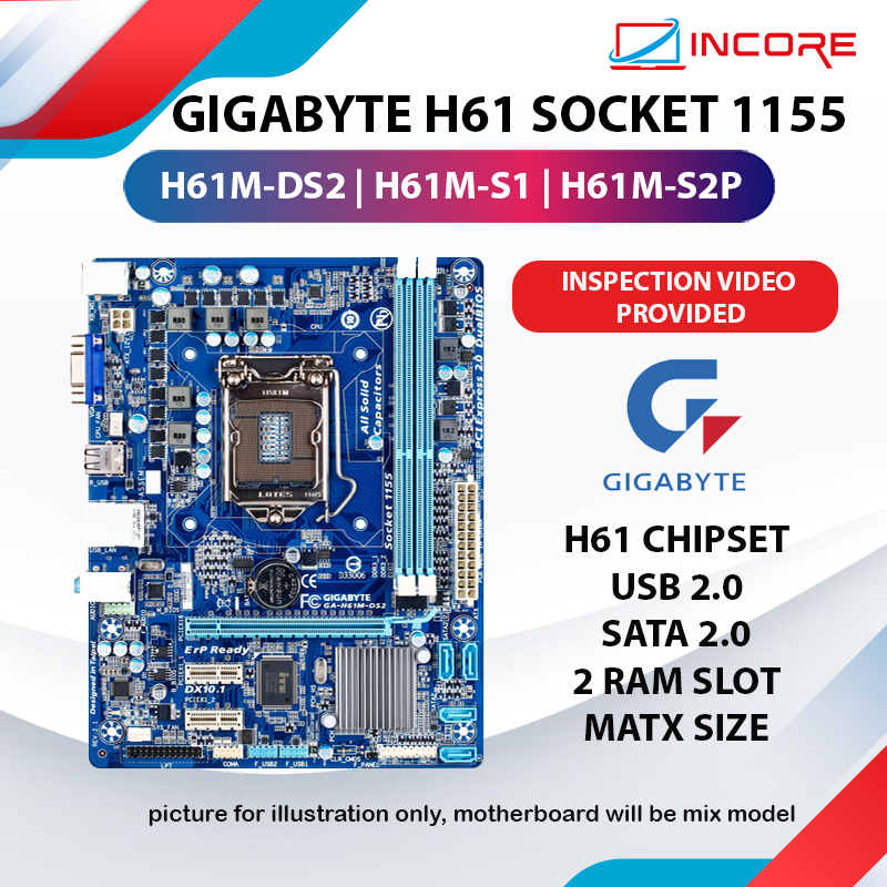 เมนบอร์ดซ็อกเก็ต Gigabyte H61 H61M-DS2 H61M-S1 1155 DDR3 H61 Intel 2nd 3rd Gen GA-H61M-DS2 Intel