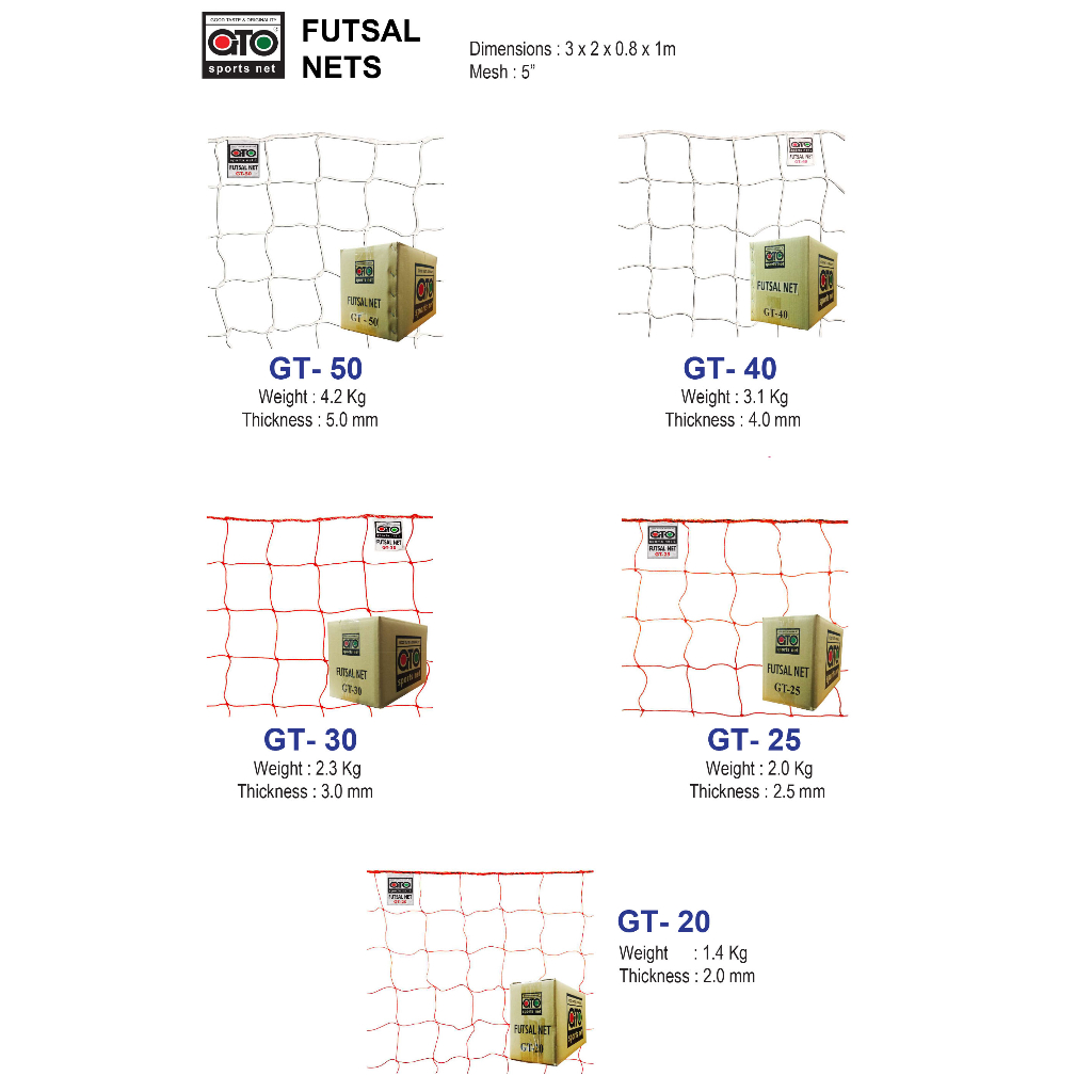 FUTSAL NETS Dimensions : 3 x 2 x 0.8 x 1m Mesh : 5