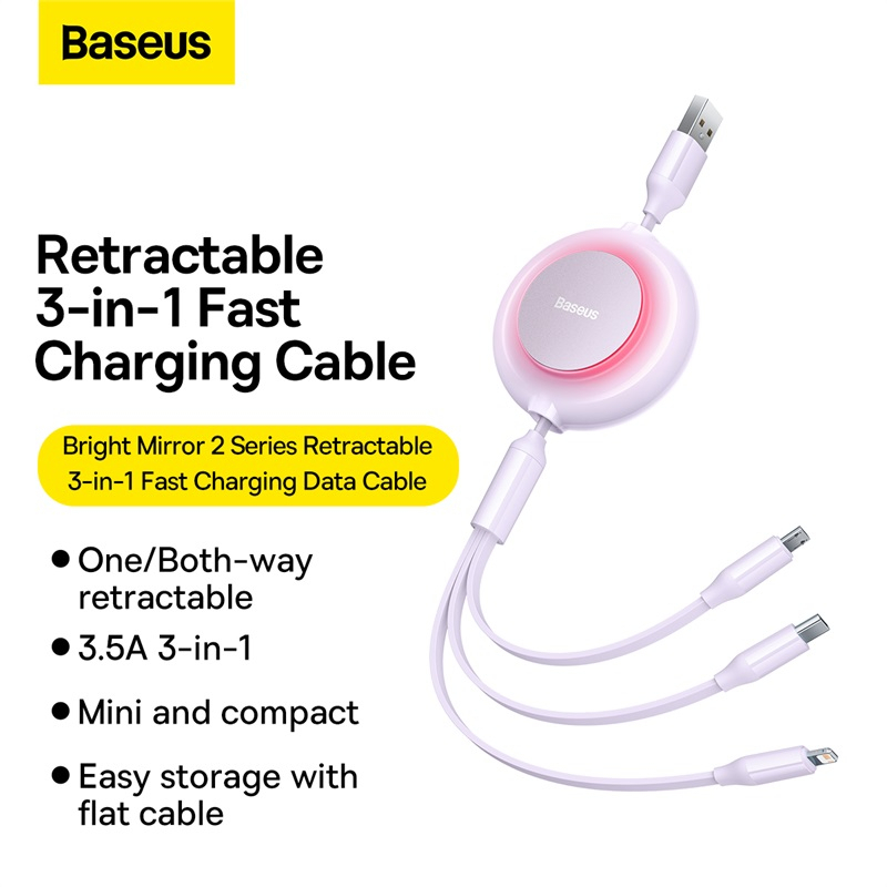 Baseus 3 in 1 USB Fast Charging Retractable Data Cable สําหรับ iP 12 Type C Micro M + L + C 3.5A 1.2 ม./1.1 ม.