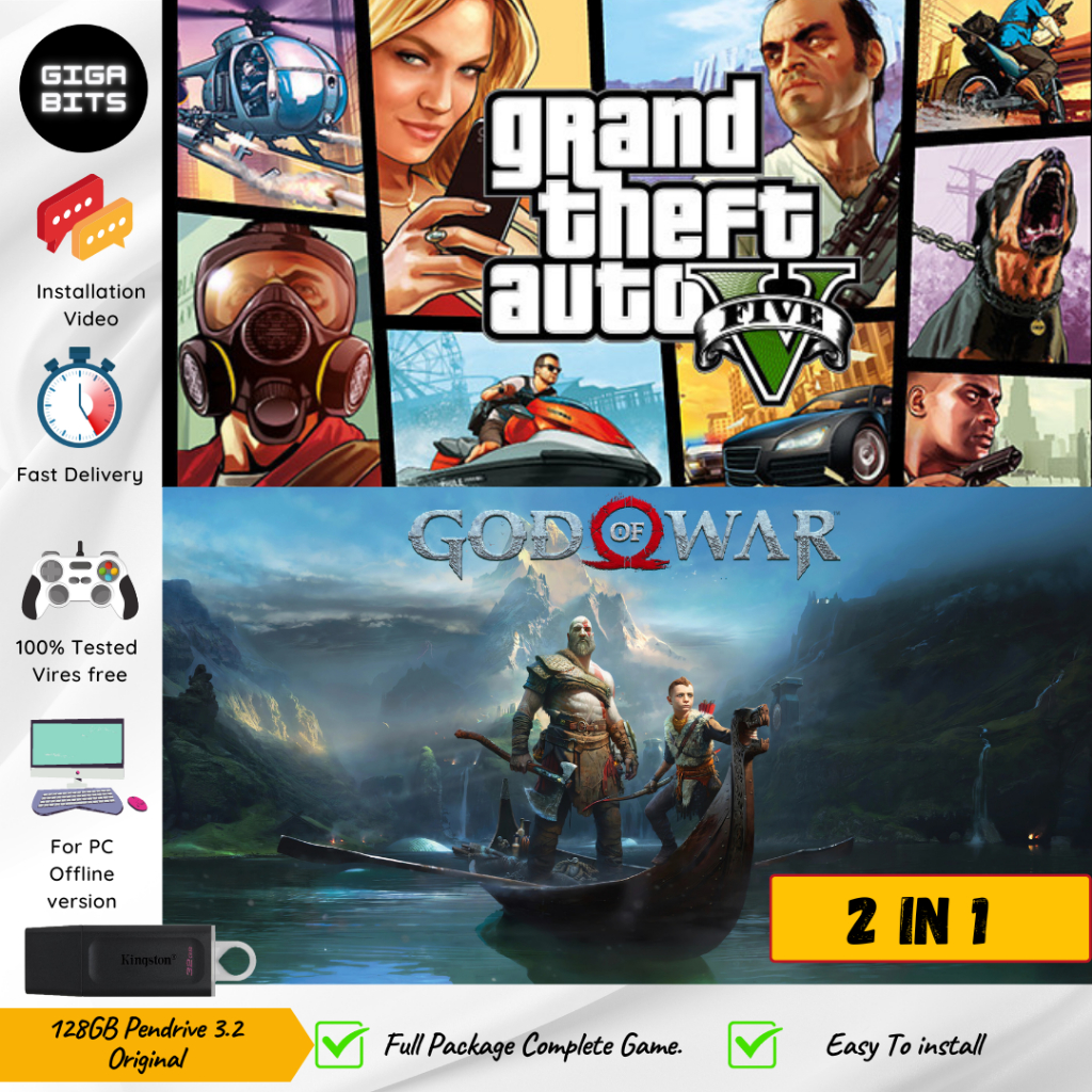 GOD OF WAR V1.0.12 และ GRAND THEFT AUTO V / GTA 5 เกมพีซี 2in1 128GB ไดรฟ์นิ้วหัวแม่มือปลั๊ก USB ติด